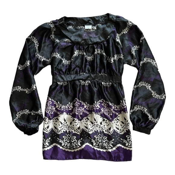Motherhood Maternity Black Purple Floral Satin Blouse L - Picture 1 of 5